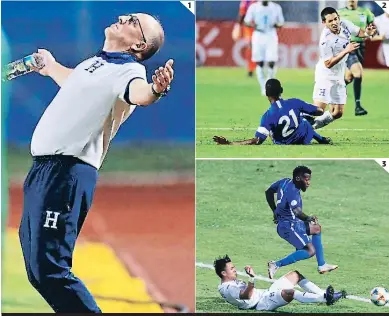  ??  ?? 1 El técnico Fabián Coito implora al cielo después de que la H fallara una ocasión clara de gol en el primer tiempo. 2 Jonathan Rubio, que ingresó de cambio y estuvo a punto de marcar, recibe una fuerte falta de Sébastien Cretinoir. 3 Denil Maldonado barre al veloz Mickael Biron. El zaguero combinó malas con buenas decisiones en el juego.