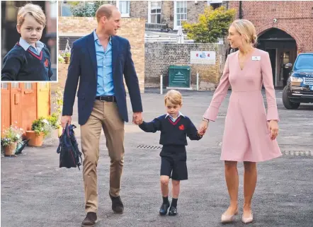  ?? Pictures: KENSINGTON PALACE/AFP ?? Prince George and dad Prince William are greeted by head of lower school Helen Haslem.