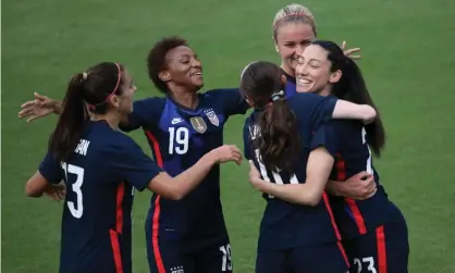  ??  ?? USA’s Christen Press celebrates on Sunday after scoring a 10th goal in her last 13 national team games and 59th internatio­nal goal. Photograph: Gregg Newton/AFP/Getty Images