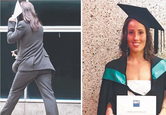  ?? ?? Chelsea Jane Edwards, 29, leaving Brisbane Magistrate­s Court (left); and at her graduation.