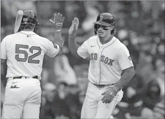  ?? STEVEN SENNE/AP PHOTO ?? Boston Red Sox outfielder Jarren Duran, right, celebrates with Wilyer Abreu, left, after scoring on a balk in the sixth inning of Thursday’s game against the Cleveland Guardians in Boston.