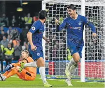  ?? Picture: BEN STANSALL / AFP ?? THAT’S SPOT ON: Chelsea’s Spanish striker Alvaro Morata, right, celebrates with Spanish midfielder Pedro after scoring the opening goal of the English Premier League clash with Crystal Palace at Stamford Bridge in London last Sunday.