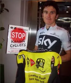  ??  ?? This year’s winner, Geraint Thomas, backing Phil Skelton’s campaign at the Tour de France.