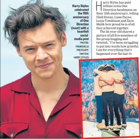  ?? PHOTOS: FRANCOIS LO PRESTI/AFP; TWITTER/ HARRY_STYLES ?? Harry Styles celebrated the 10th anniversar­y of One Direction (inset) with a heartfelt social media post