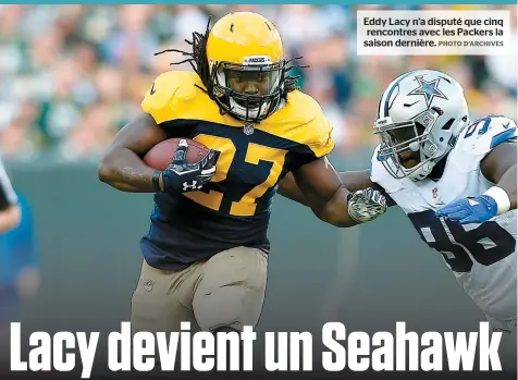  ??  ?? Eddy Lacy n’a disputé que cinq rencontres avec les Packers la saison dernière.