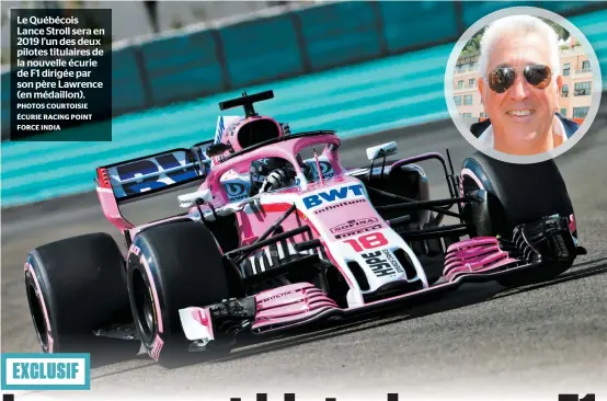  ?? PHOTOS COURTOISIE ÉCURIE RACING POINT FORCE INDIA ?? Le Québécois Lance Stroll sera en 2019 l’un des deux pilotes titulaires de la nouvelle écurie de F1 dirigée par son père Lawrence (en médaillon).