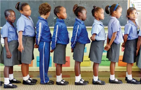  ?? PICTURE: ARMAND HOUGH/AFRICAN NEWS AGENCY (ANA) ?? CLASS DELIVERY: Highlands Primary School learners wait in line. Declaring basic education an ‘essential service’ won’t ensure quality education for learners or bring teachers the fairness, dignity and respect they deserve, writes the author.