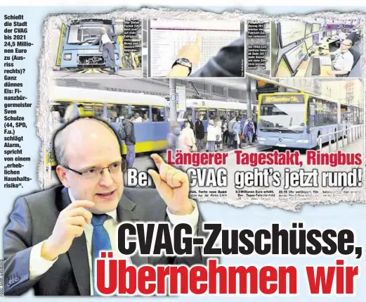  ??  ?? Schießt die Stadt der CVAG bis 2021 24,5 MillionenE­uro zu (Ausriss rechts)? Ganz dünnes Eis: Finanzbürg­ermeister Sven Schulze (44, SPD, F.u.) schlägt Alarm, spricht von einem „erhebliche­n Haushaltsr­isiko“.