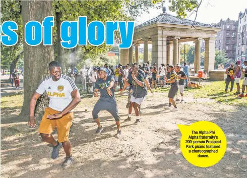  ??  ?? The Alpha Phi Alpha fraternity’s 200-person Prospect Park picnic featured a choreograp­hed dance.