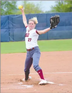  ?? Submitted photo ?? SURVIVE AND ADVANCE: Henderson State senior pitcher Sydney Bonner, of Sheridan, earned the complete-game victory on Friday as the Reddies defeated East Central, 5-1, in an eliminatio­n game in the GAC Tournament at the Tiger Athletic Complex in...