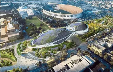  ??  ?? This undated artist rendering provided by the George Lucas Museum of Narrative Art shows the exterior of the complex that will be built at Exposition Park near the Los Angeles Coliseum. — AP