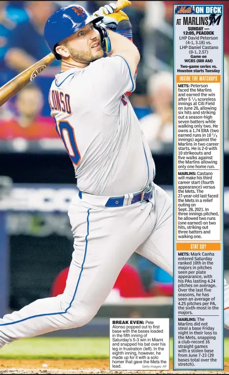  ?? Getty Images; AP ?? BREAK EVEN: Pete Alonso popped out to first base with the bases loaded in the fifth inning of Saturday’s 5-3 win in Miami and snapped his bat over his leg in frustratio­n (left). In the eighth inning, however, he made up for it with a solo homer that gave the Mets the lead.