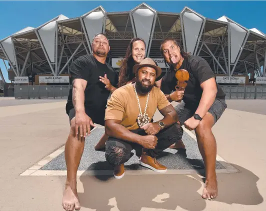  ??  ?? Tha Ville Entertainm­ent operator Tim Mila (centre) with Waka Cooper, Roxina Brown and Jacob Brown at the Queensland Country Bank Stadium. Picture: Evan Morgan