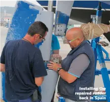  ??  ?? Installing the repaired rudder
back in Spain