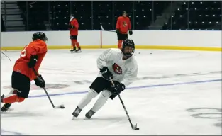  ?? NEWS PHOTO JAMES TUBB ?? Medicine Hat Tigers prospect Gavin McKenna carries a puck during a drill in the second practice session of the Tigers first day of training camp Friday at Co-op Place.