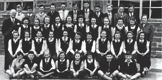  ??  ?? Tom Handy of Crieff has sent in this photograph of Crieff Junior Secondary School which he thinks was taken around 1954. “Yours truly is 6th from either end in the back row!” he says.