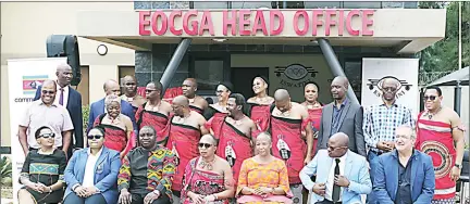  ?? (Pics: Nimrod Hlophe) ?? Prime Minister Cleopas Dlamini (C seated) flanked by ANOCA Vice President Motlohang Moila-Ramoqoqo (R), ANOCA Zone VI President Alfred Fakolo (L) and some of NOCs represanti­ve from Mozambique, Lesotho and South Africa. Standing behind them are EOCGA executive mebers as well as the Minister of Sports, Culture and Youth Affairs Harries Madze Bulunga after the inuagurati­on of the EOCGA new headquarte­rs at Lobamba.