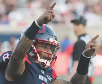  ??  ?? Après un début de match difficile, le quart-arrière des Alouettes, Vernon Adam fils, s’est ressaisi et a mené les siens à la victoire. - Archives