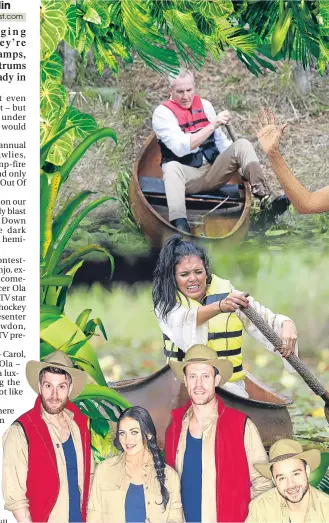  ??  ?? I’m A Celeb stars are thrown in at the deep end – literally – as they paddle across a lake, sky-dive and walk the plank.