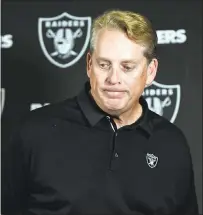  ?? KELVIN KUO — ASSOCIATED PRESS ?? Former Raiders head coach Jack Del Rio reacts during a press event when he announced news of his terminatio­n Sunday.