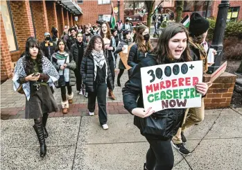  ?? AMY SHORTELL/THE MORNING CALL ?? Concerned citizens, activists and community leaders gather on Tuesday at Lehigh University during a rally urging Bethlehem City Council to take action to end the siege on Gaza and advocate for an immediate ceasefire.