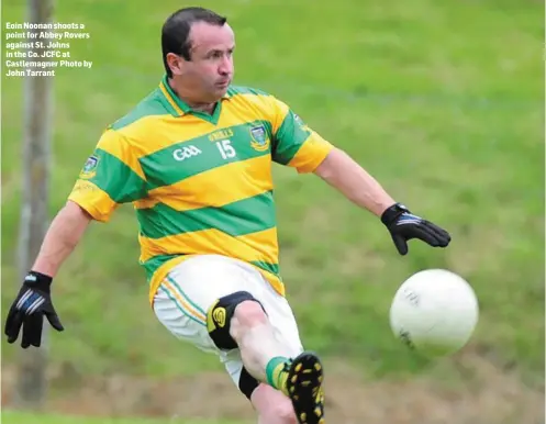  ??  ?? Eoin Noonan shoots a point for Abbey Rovers against St. Johns in the Co. JCFC at Castlemagn­er Photo by John Tarrant