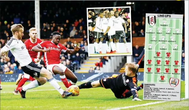  ?? PICTURES: PSI/Andy Walter ?? D-REAM TEAM: Fulham defender Tim Ream has his shot saved and inset, Sheyi Ojo celebrates scoring the winning goal