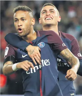  ?? Picture: AFP ?? ON TARGET. Paris St Germain forward Neymar celebrates with teammate Marco Verratti after scoring in their Ligue 1 match against Toulouse on Sunday.