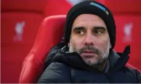  ??  ?? Pep Guardiola watches his team slip to defeat at Anfield. Photograph: Laurence Griffiths/ Getty Images