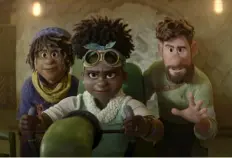  ?? Disney ?? Ethan Clade, voiced by Jaboukie Young-White, left, Meridian Clade (Gabrielle Union) and Searcher Clade (Jake Gyllenhaal) in "Strange World."