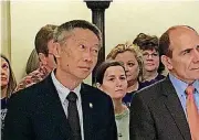  ??  ?? [PHOTO BY
BARBARA HOBEROCK, TULSA WORLD] Sen. Ervin Yen, R-Oklahoma City, listens to speakers at a pro-vaccinatio­n event Wednesday at the Capitol.