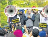  ?? AMAL KS/HT PHOTO ?? BJP leaders Manjinder Singh Sirsa, Adesh Gupta and RP Singh protest at the Delhi CM’S residence on Saturday.