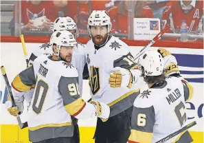  ??  ?? James Neal (18) celebrates with his Golden Knights teammates after scoring in Game 4. Vegas lost, 6-2. AMBER SEARLS/USA TODAY SPORTS