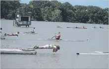  ??  ?? Boat holders, the unsung heroes at any regatta, ensure a clean start in a men's single at the Central Ontario Rowing Associatio­n Championsh­ip on Saturday.