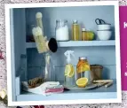  ??  ?? FRESHEN UP KeepK a selection of handy plastic spray bottles and jars on your shelves. Fill some with warm water and slices of orange and lemon to create a fresh look. SpritzS throughout the house to spreads a spring aroma whenever you feel the need.