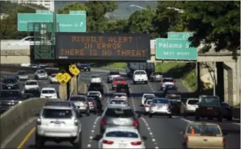  ?? ANTHONY QUINTANO — CIVIL BEAT VIA AP ?? In this Saturday photo provided by Civil Beat, cars drive past a highway sign that says “MISSILE ALERT ERROR THERE IS NO THREAT” on the H-1 Freeway in Honolulu. The state emergency officials announced human error as cause for a statewide announceme­nt...