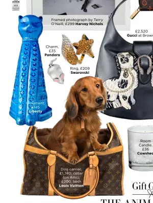  ??  ?? Charm,£35 Pandora Ornament,£145 Liberty Framed photograph by Terry O’Neill, £299 Harvey Nichols Ring, £209 Swarovski Dog carrier, £1,740; collar (on Arlo), £200, both Louis Vuitton Room Candle,£36 Cowshed
