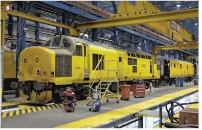  ??  ?? 6. On December 18 2015, Network Rail 97303 stands inside RVEL’s Engineerin­g Delivery Unit. In this facility there is the capability to carry out routine maintenanc­e and bogie rotation. There is capacity for 16 vehicles and there are four roads, each with a pit. This facility was brought into use by RVEL after it won NR’s IM contract in 2010, and which includes maintainin­g the four NR ‘37s’.6