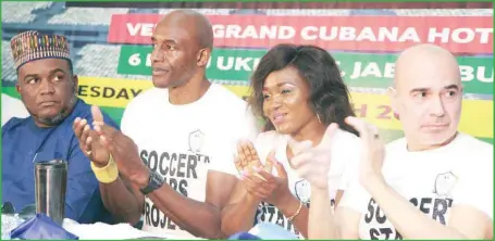  ?? KINGSLEY ADEBOYE ?? L-R: Chairman FCT Football Associatio­n, Mr. Adamu Muhammed; Former Internatio­nal Footballer, Mr. John Fashanu; National Coordinato­r, Soccer Star Project, Miss. Jane Ndubisi; and Player Agent, Mr. Mauro Cavalli, during a press conference on the goal soccer star project in Abuja...on Wednesday