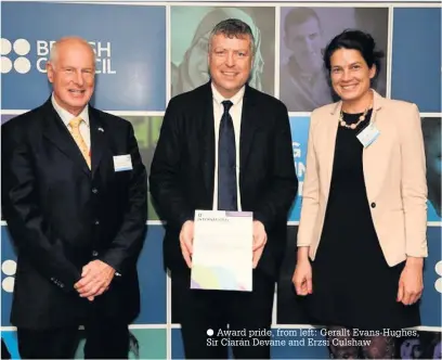  ??  ?? Award pride, from left: Gerallt Evans-Hughes, Sir Ciarán Devane and Erzsi Culshaw