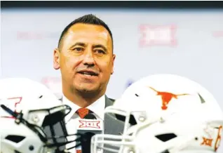  ?? AP PHOTO/LM OTERO ?? Texas football coach Steve Sarkisian speaks at the Big 12’s media event Thursday in Arlington, Texas.