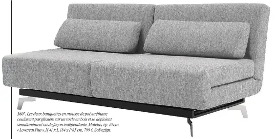  ??  ?? Les deux banquettes en mousse de polyurétha­ne coulissent par glissière sur un socle en bois et se déploient simultaném­ent ou de façon indépendan­te. Matelas, ép. 10 cm. « Loveseat Plus », H 41 x L 184 x P 85 cm, 799 €, SoDezign.