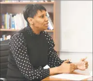  ?? Tyler Sizemore / Hearst Connecticu­t Media ?? Superinten­dent of Stamford Public Schools Dr. Tamu Lucero discusses the 2020-21 budget proposal in her office at the Government Center in Stamford on Jan. 14.