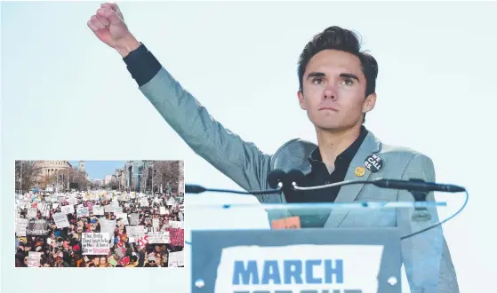  ??  ?? Marjory Stoneman Douglas High School student David Hogg addresses the crowd, inset, during the March For Our Lives rally in Washington DC. Pictures: AFP