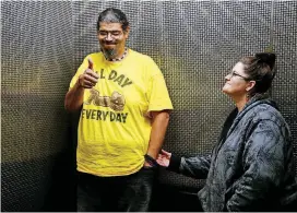  ?? [PHOTOS BY JESSIE WARDARSKI, TULSA WORLD] ?? Carl Morse, the father of Jeremey Lake, who was shot by former Tulsa police officer Shannon Kepler, gives a thumbs up as he speaks with the media briefly in an elevator after a guilty verdict was given to Kepler late Wednesday evening at the Tulsa...