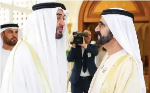  ?? Wam ?? Sheikh Mohammed bin Rashid and Sheikh Mohamed bin Zayed greet each other and exchange wishes on the first day of Eid Al Fitr, at Al Mushrif Palace in Abu Dhabi. —