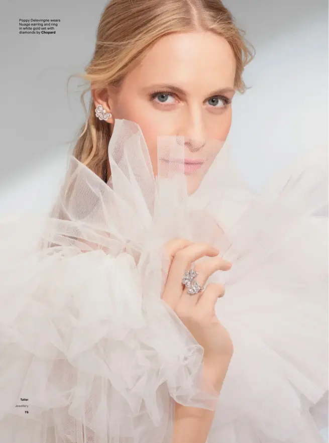  ??  ?? Poppy Delevingne wears Nuage earring and ring in white gold set with diamonds by Chopard
