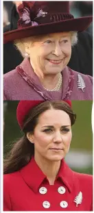  ??  ?? THE New Zealand Fern brooch was presented to the Queen in 1953 by the women of Auckland. she is seen wearing it in 2008 and it was loaned to Kate for her 2014 tour of Australasi­a.