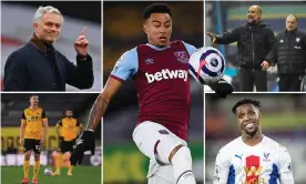  ??  ?? Clockwise from top left; Tottenham manager José Mourinho, West Ham’s Jesse Lingard, Pep Guardiola and Marcelo Bielsa, Wilfried Zaha of Crystal Palace and Leander Dendoncker. Composite: Reuters, Getty, Rex