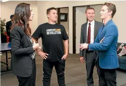  ?? MARK TAYLOR/STUFF ?? Prime Minister Jacinda Ardern visited The Instillery’s headquarte­rs on a recent visit to Hamilton. She’s pictured with from left, The Instillery founder and chief executive Mike Jenkins, Labour MP Jamie Strange, and The Instillery general manager for Waikato Richie Jenkins.